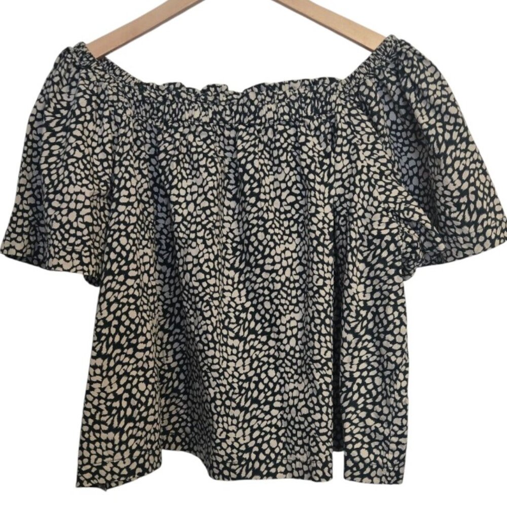 GAP Women’s XL Off Shoulder Peasant Top Green White Print 100% Cotton